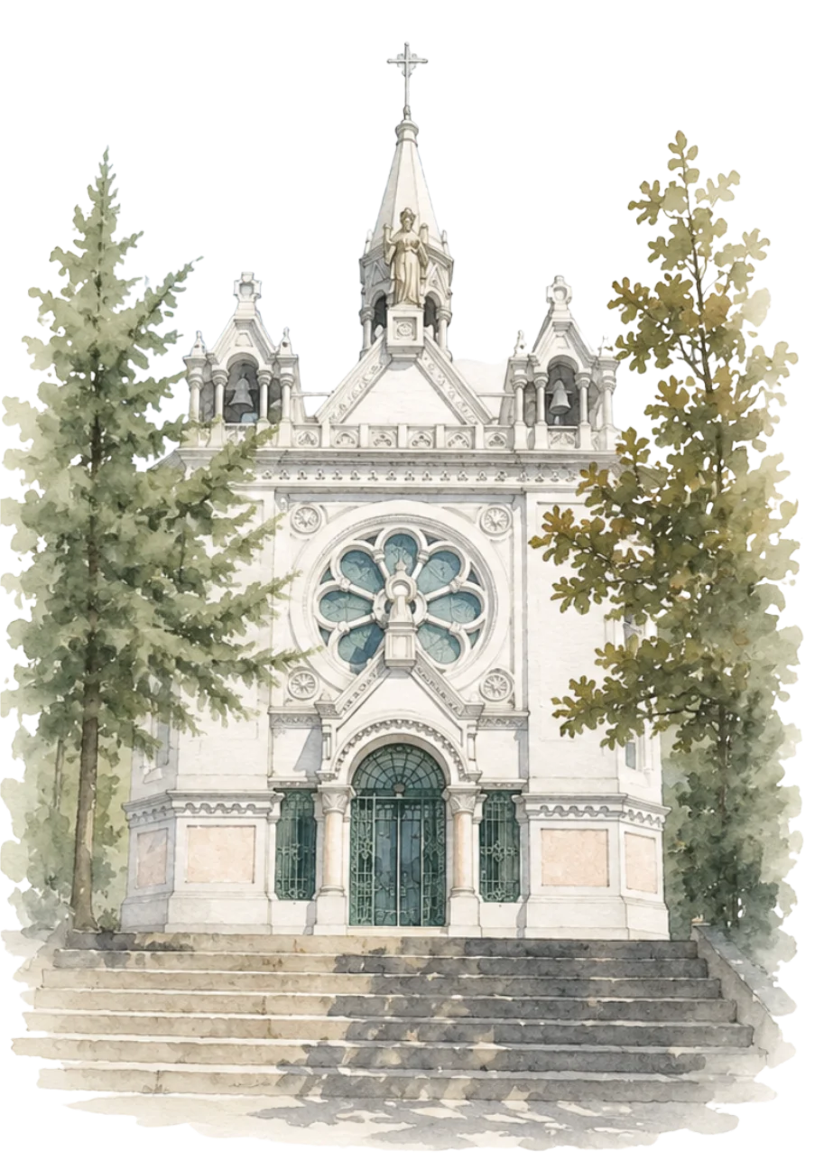 Aguarela do Santuário de Nossa Senhora de La Salette, com a rosácea, a escadaria e pinheiros de cada lado