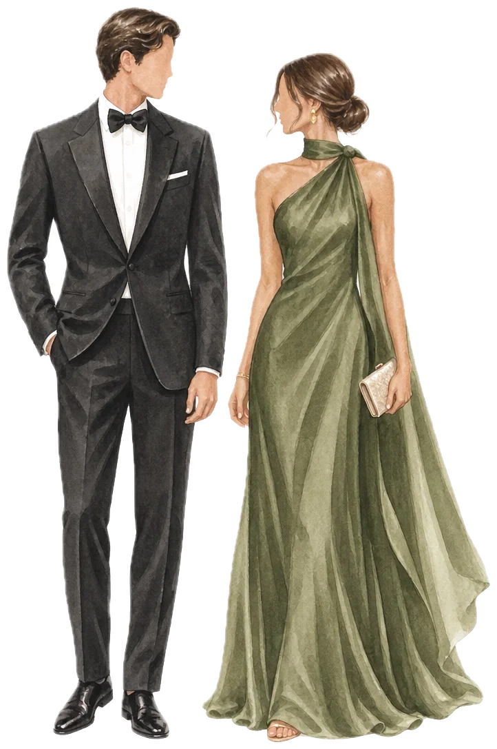 Ilustração de um casal: ele de smoking preto, ela com vestido comprido verde-sálvia