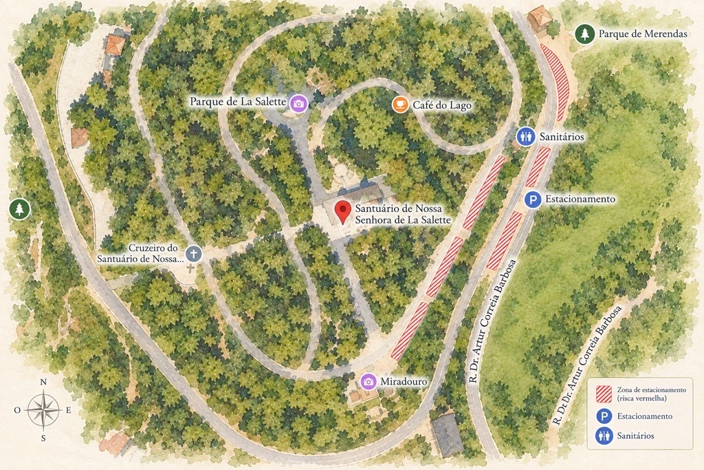 Mapa ilustrado do Parque de La Salette com as zonas de estacionamento a risca vermelha junto à Rua Dr. Artur Correia Barbosa